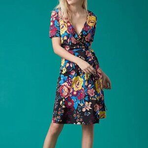 Diane Von Furstenberg DVF Bournier Floral Print Silk Wrap Floral Dress Sz 12 BLK